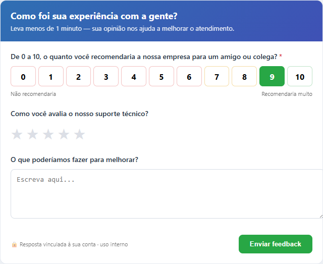 Tela real do formulário de feedback NPS que o cliente responde (dados fictícios)