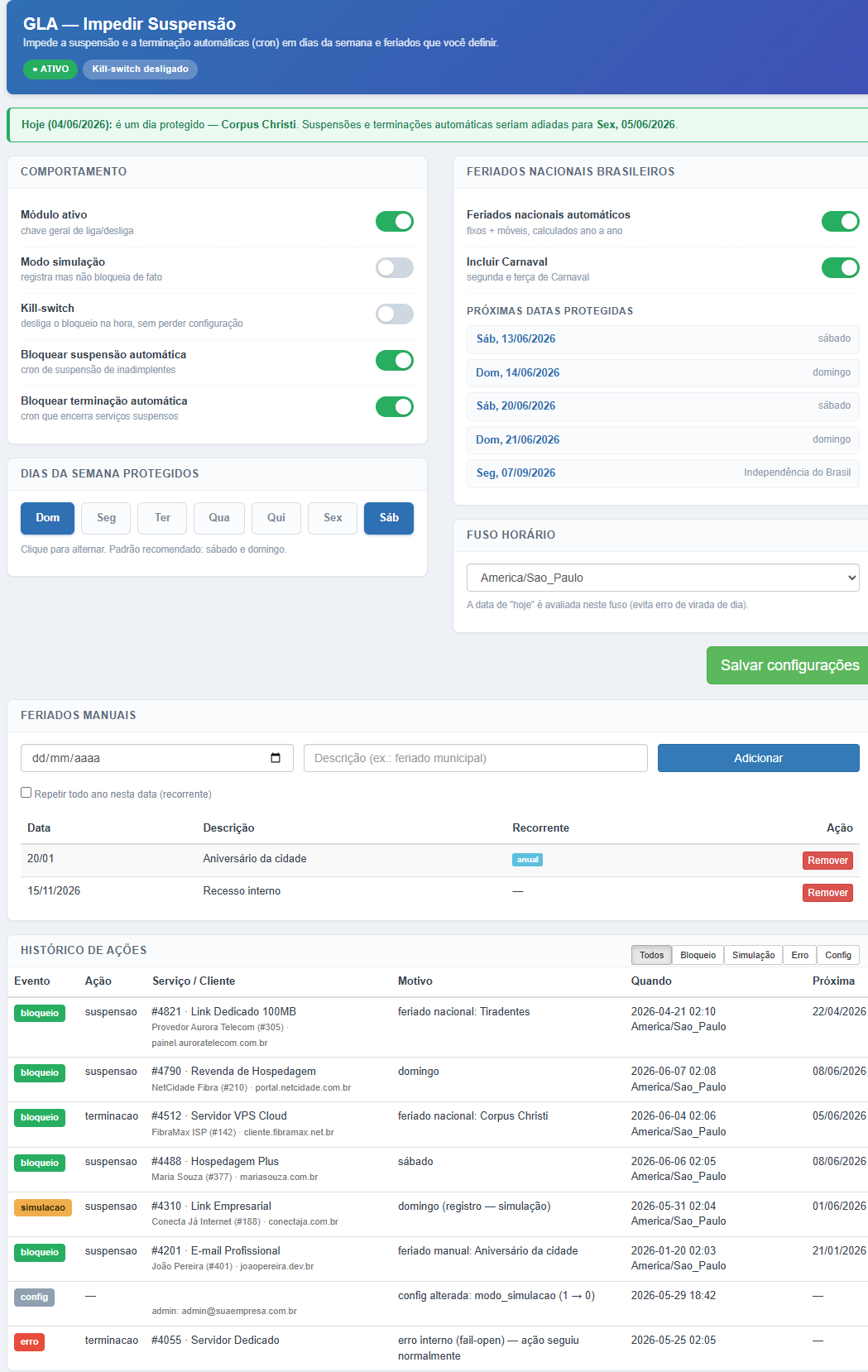 Tela real do painel da Guarda Suspensão no admin do WHMCS (dados fictícios)