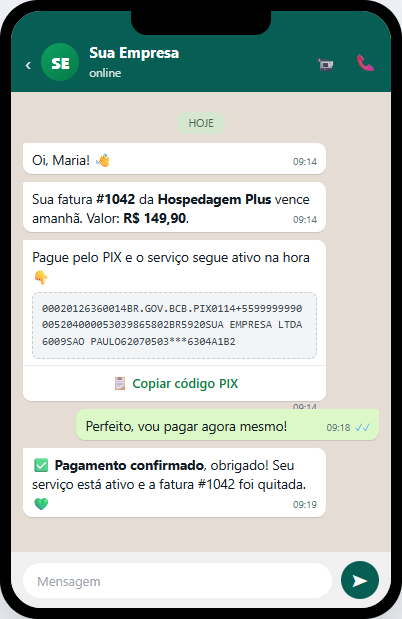 Conversa real no WhatsApp: fatura, PIX copia-e-cola e confirmação de pagamento (dados fictícios)