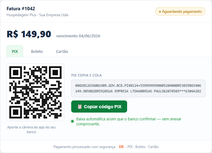 Tela real de pagamento PIX na fatura do WHMCS com o gateway Efí (dados fictícios)